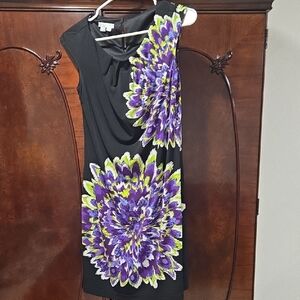London Times Black Dress with Purple and Green Floral Design